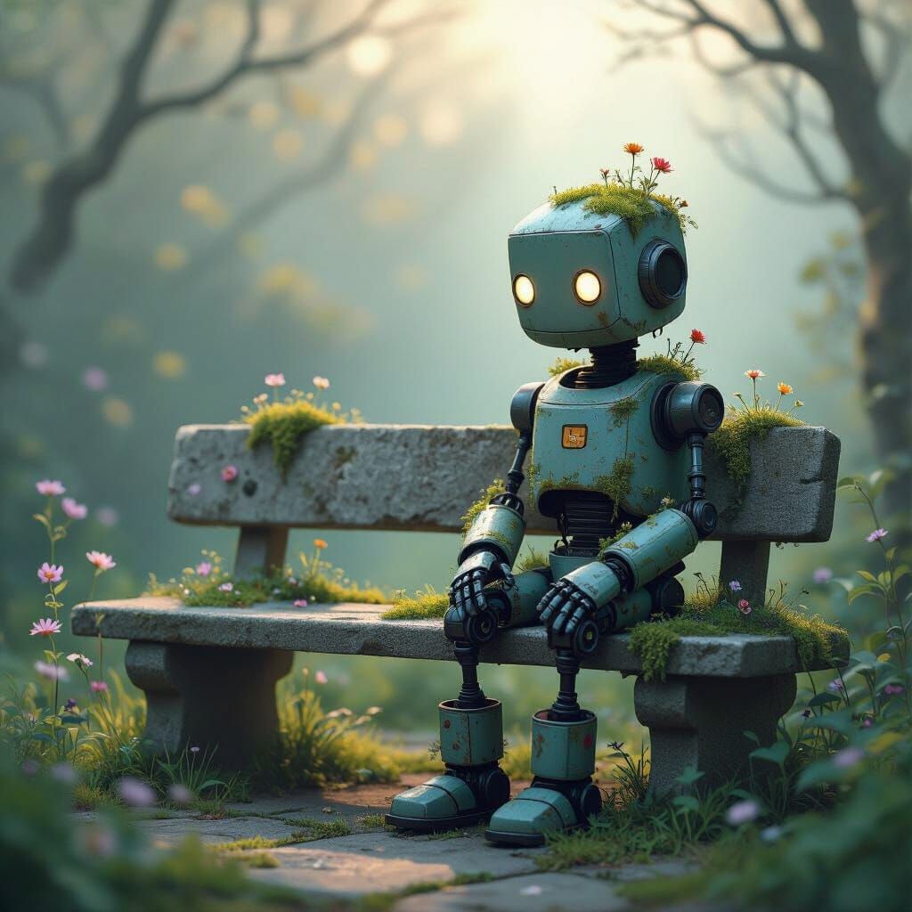 Mossy Robot in Enchanted Garden at Twilight