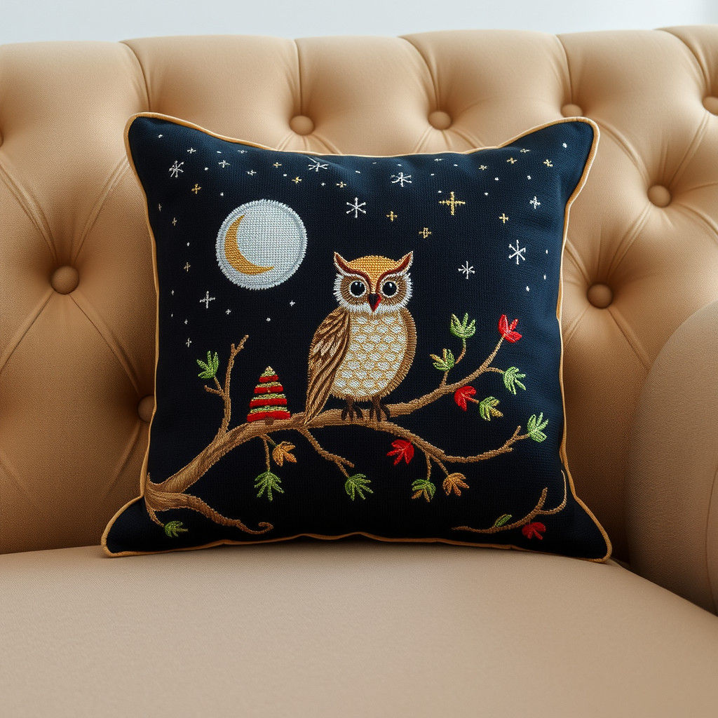Embroidered Christmas Owl Cushion Night Scene