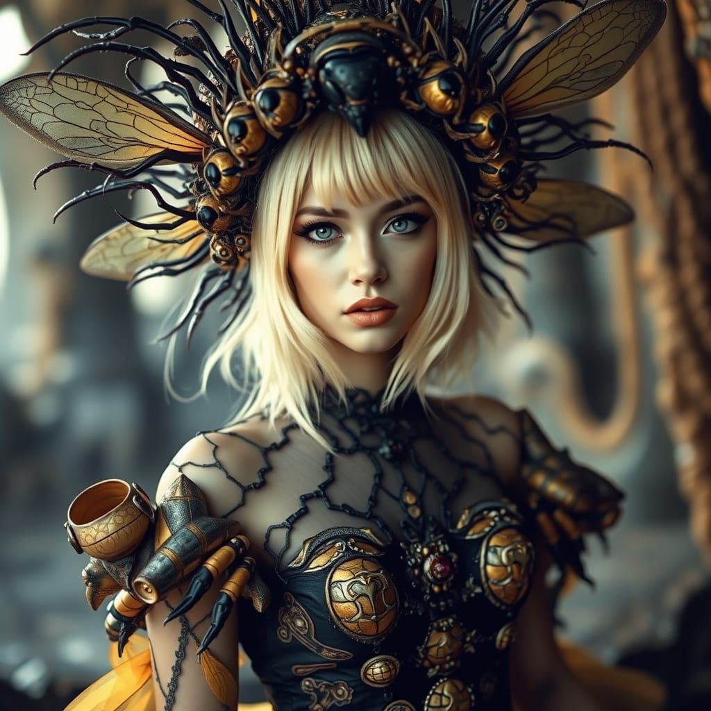 Gothic Woman in Wasp Ballgown: Retrofuturistic Scene