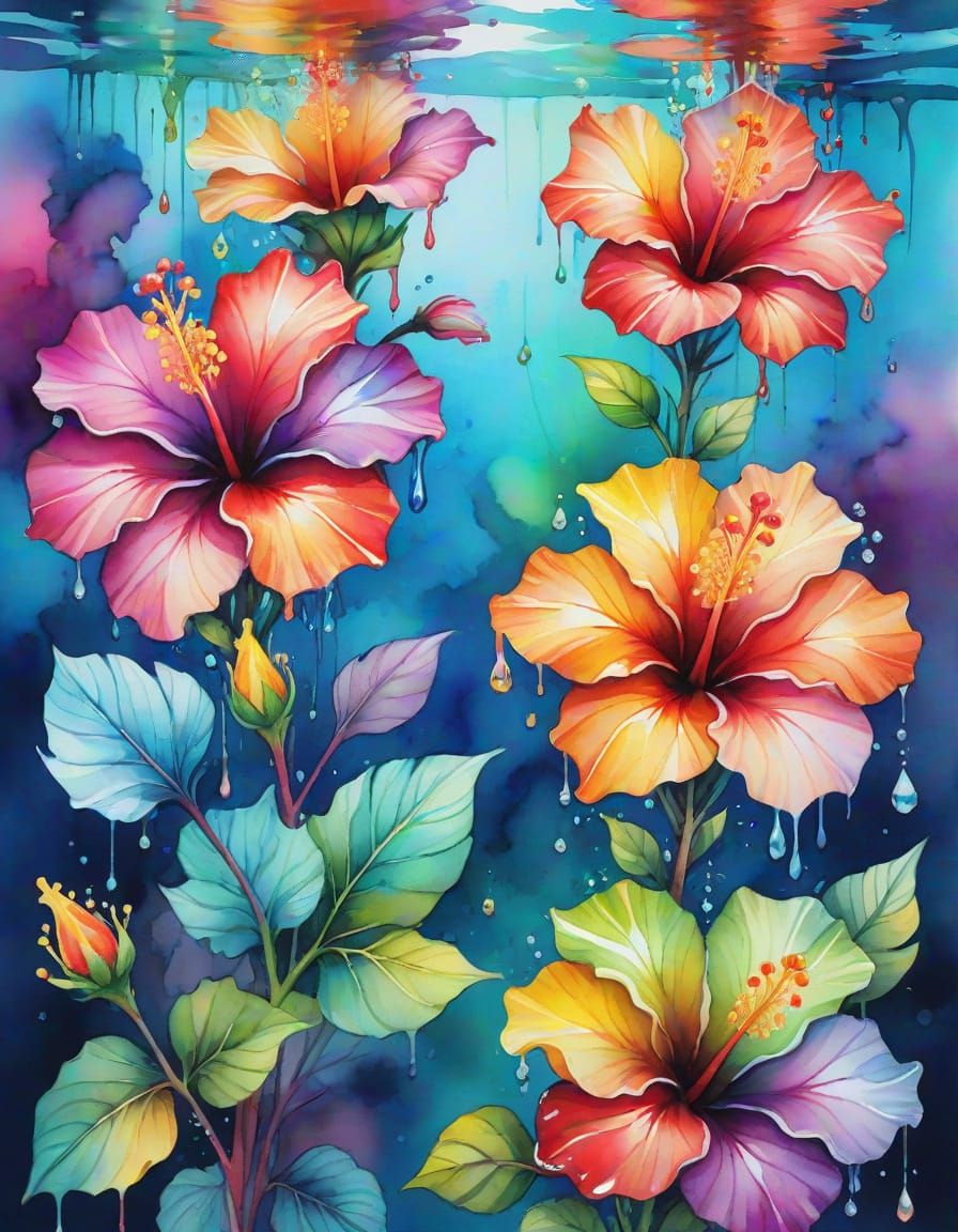 Underwater Rainbow Crystal Hibiscus: Watercolor Splash Art