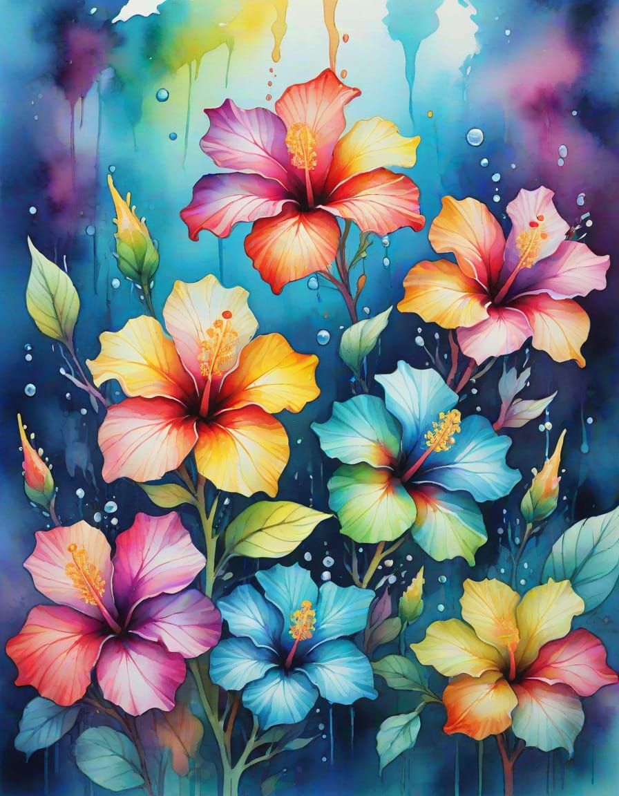 Translucent Rainbow Crystal Hibiscus in Underwater Watercolo...