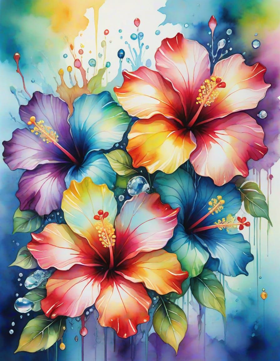 Underwater Rainbow Crystal Hibiscus in Watercolor Style