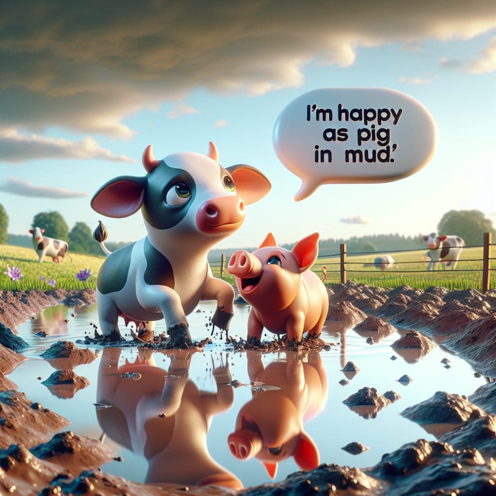 Joyful Cows Wading in Mud, Digital Concept Art