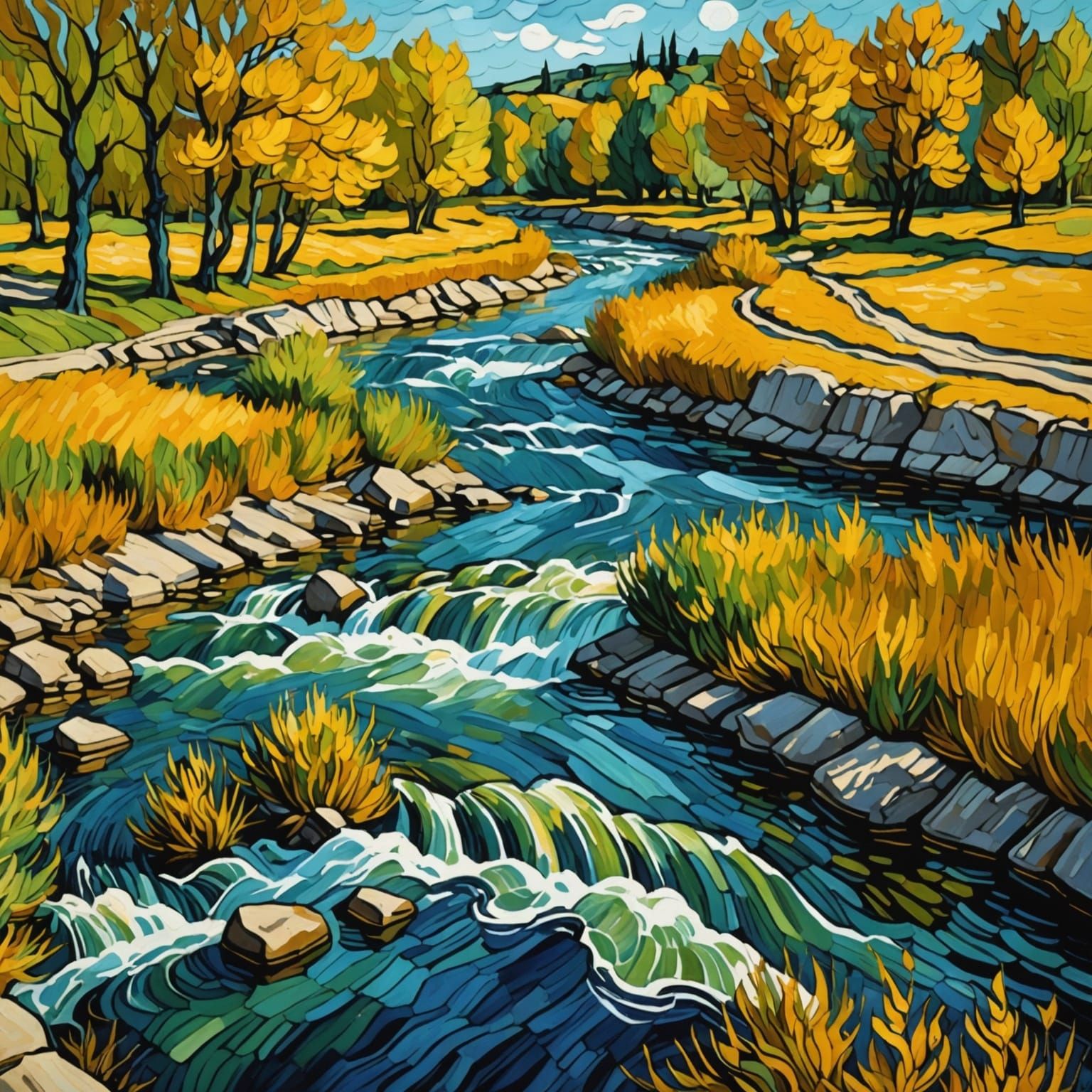 Impressionist River Scene in Vibrant Colors