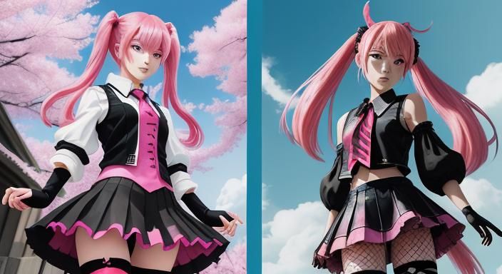 Punk Girl with Cherry Blossoms in Anime Style