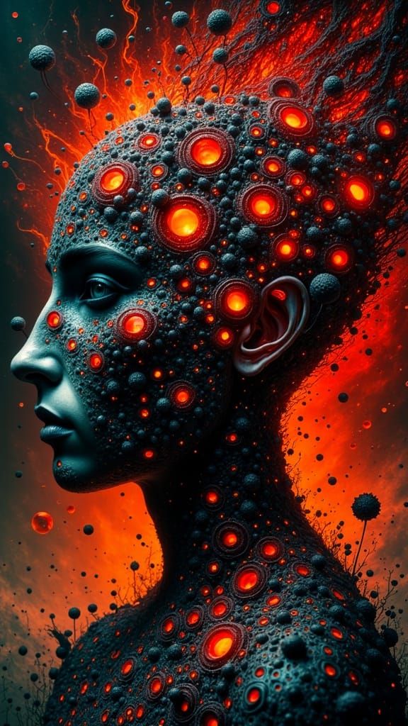 Surreal Double Exposure in Dark Cyberpunk Aesthetic