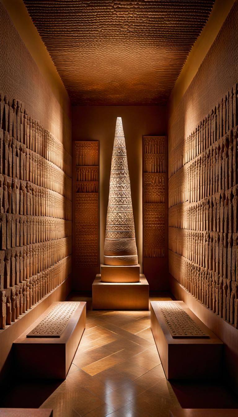 Cuneiform Prism Mosaic in Ancient Chamber: 3D Render