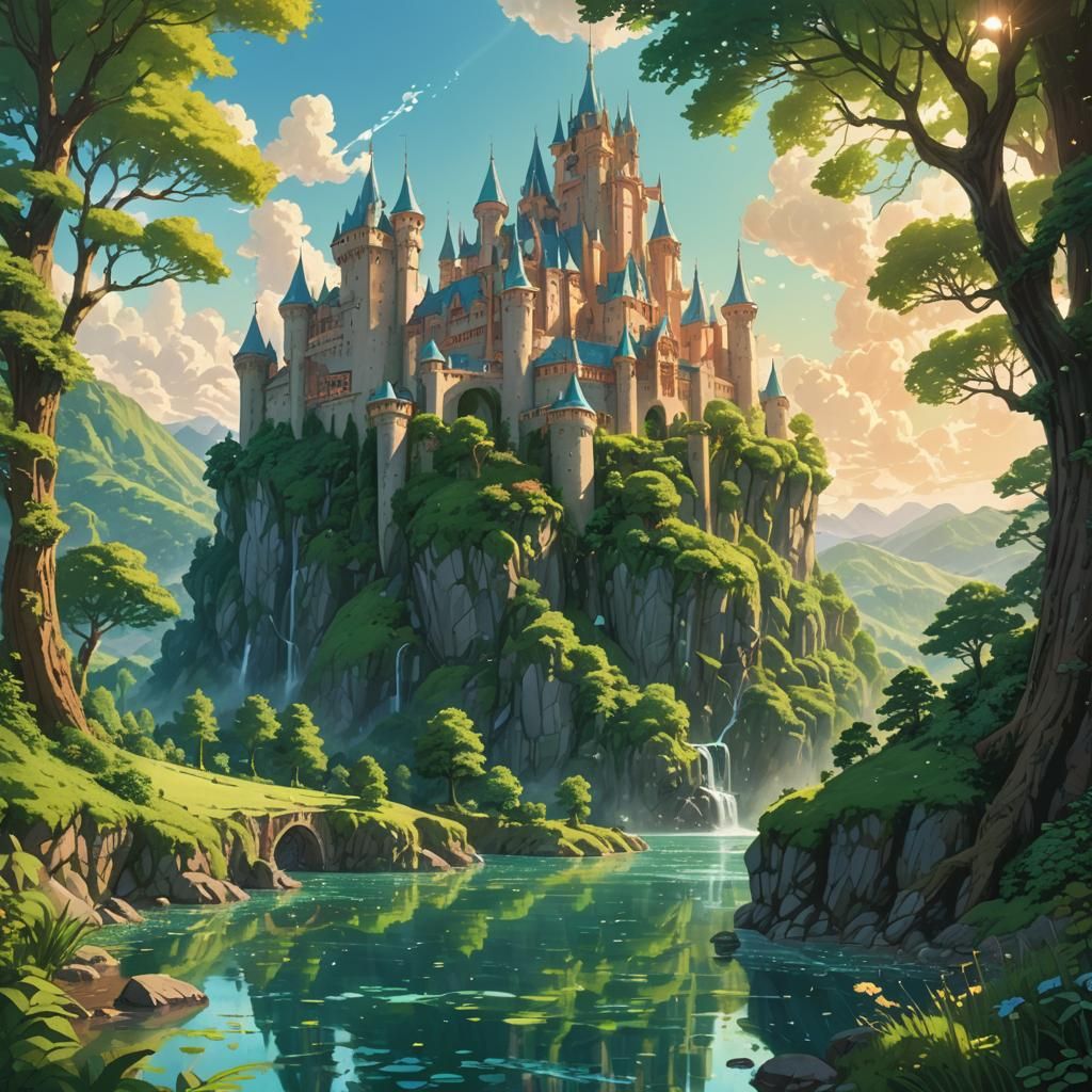 Majestic Castle in Lush Fantasy Landscape Concept Art