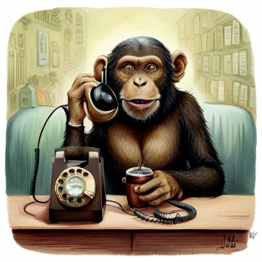 Fuzzy Chimpanzee Chatting on Retro Phone