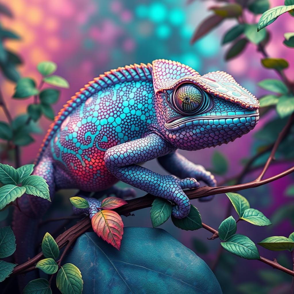 Iridescent Chameleon in Surreal Environment