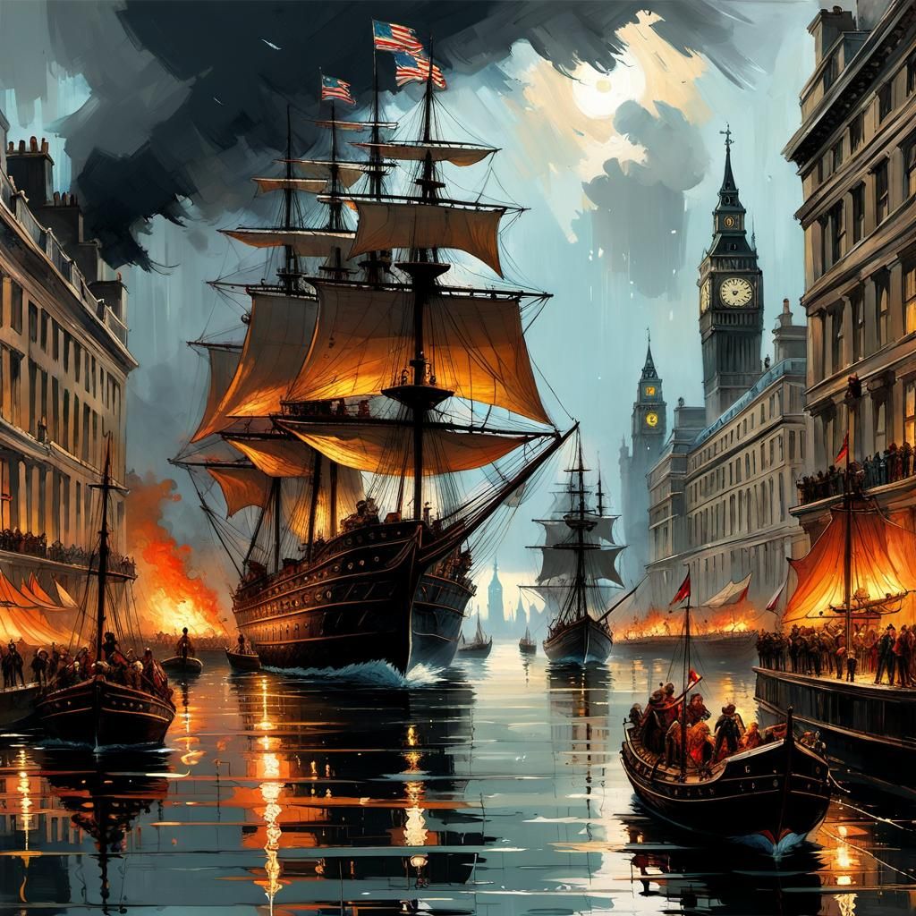 Fiery Sea Battle in Flooded Trafalgar Square