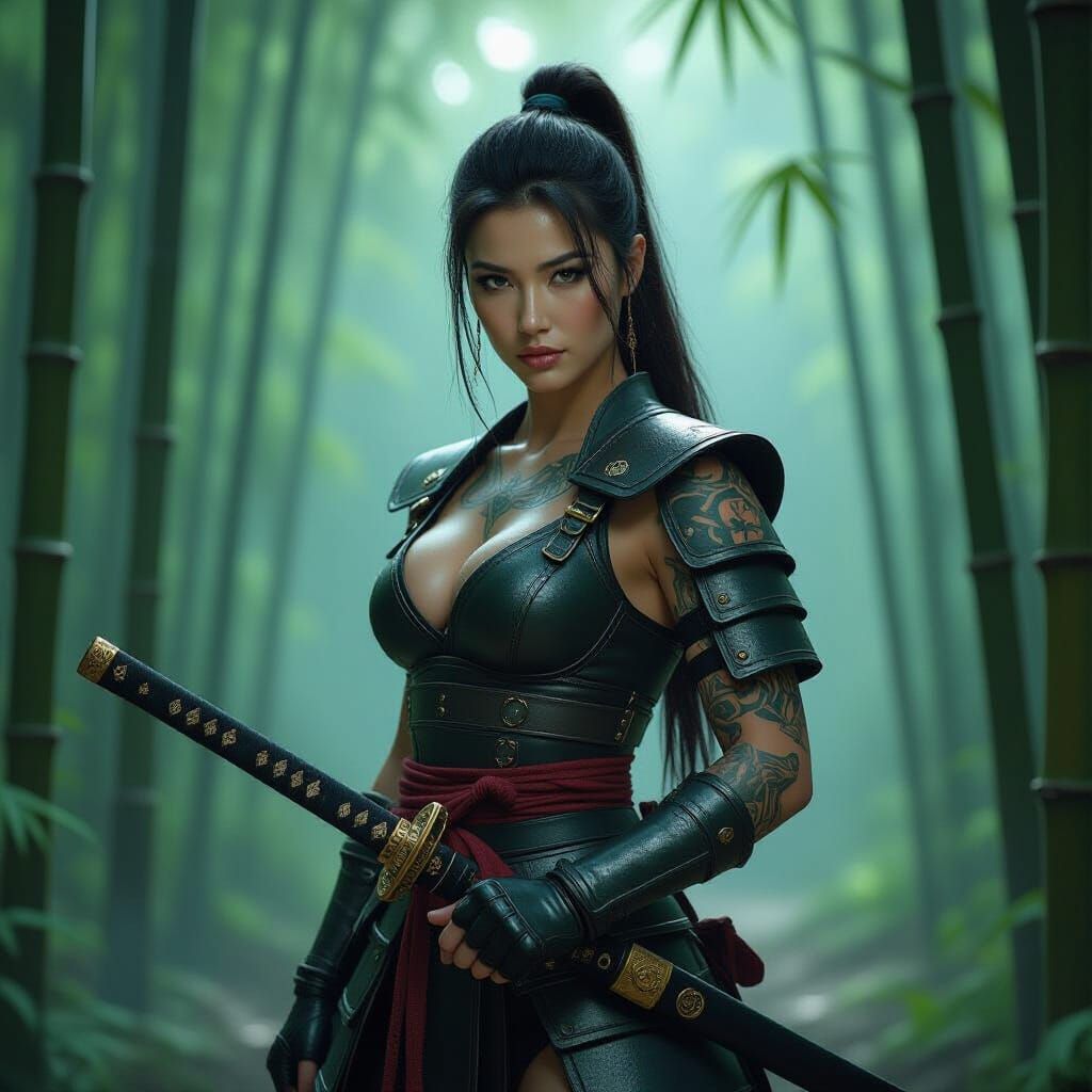 Tattooed Woman with Katana in Misty Bamboo Forest
