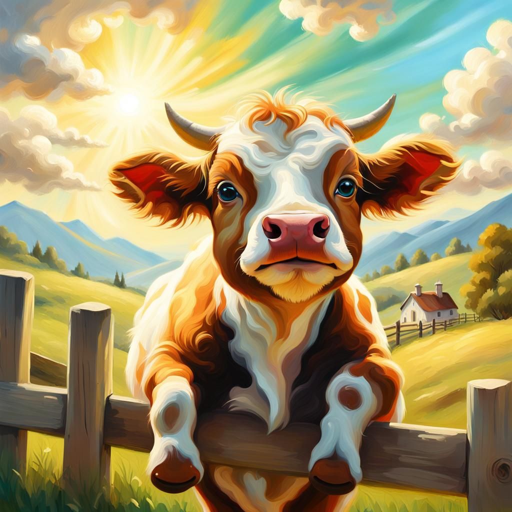 Cow in Meadow: Impressionist Oil Painting
