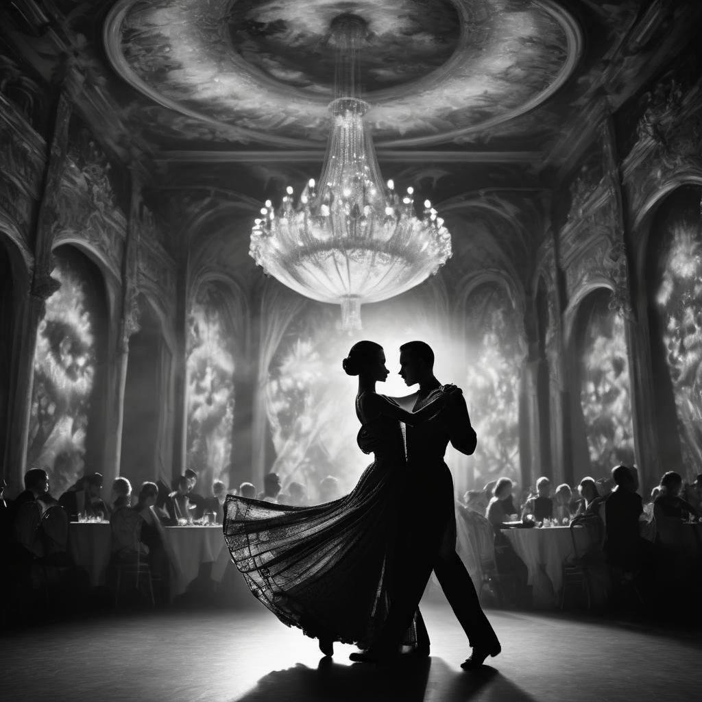 Monochrome Ballroom Dance in Dramatic Lighting