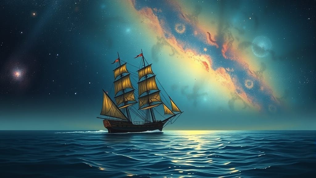 Sailing Ship Under Constellations: Painterly Night Scene