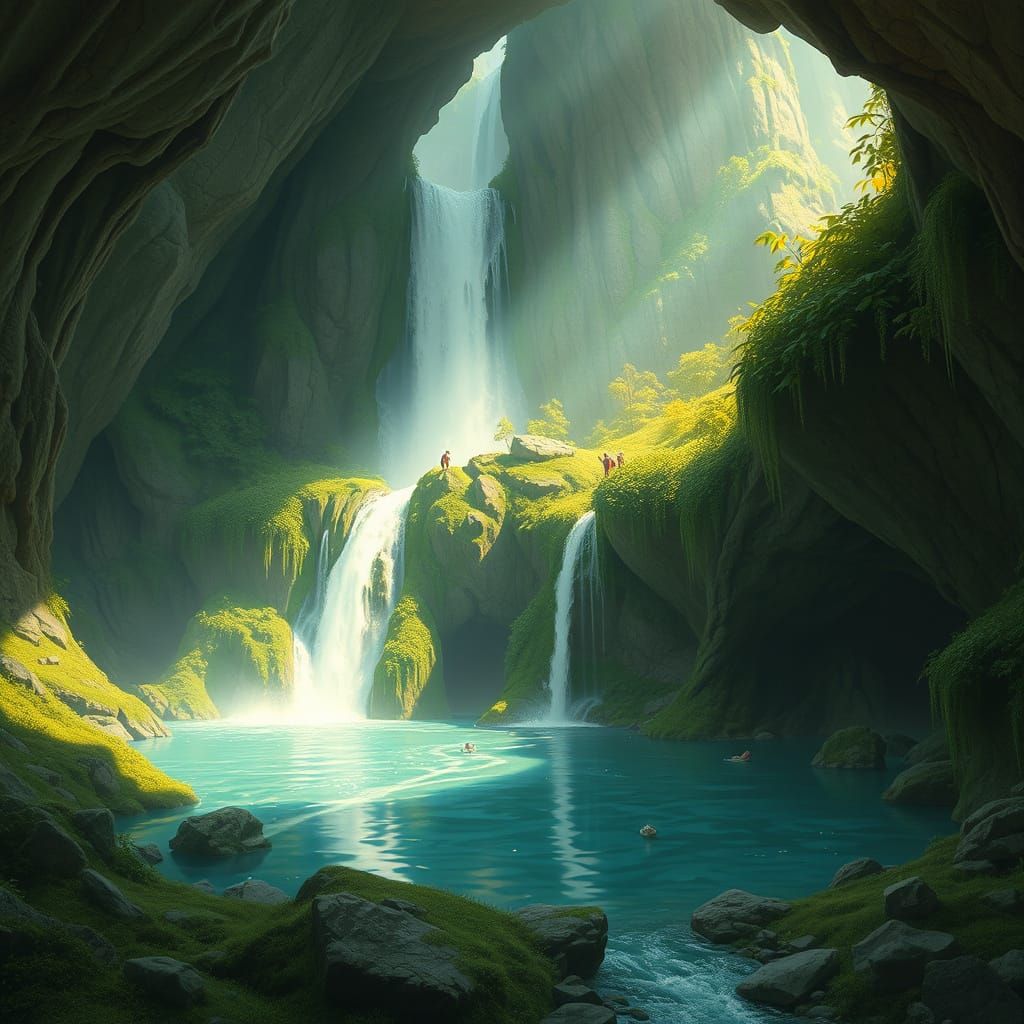 Majestic Waterfall in Cavern, Whimsical Art Style