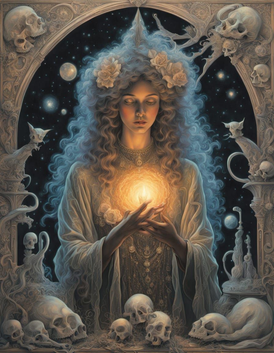 Ethereal Witch with Cat and Skulls in Surreal Collage Style