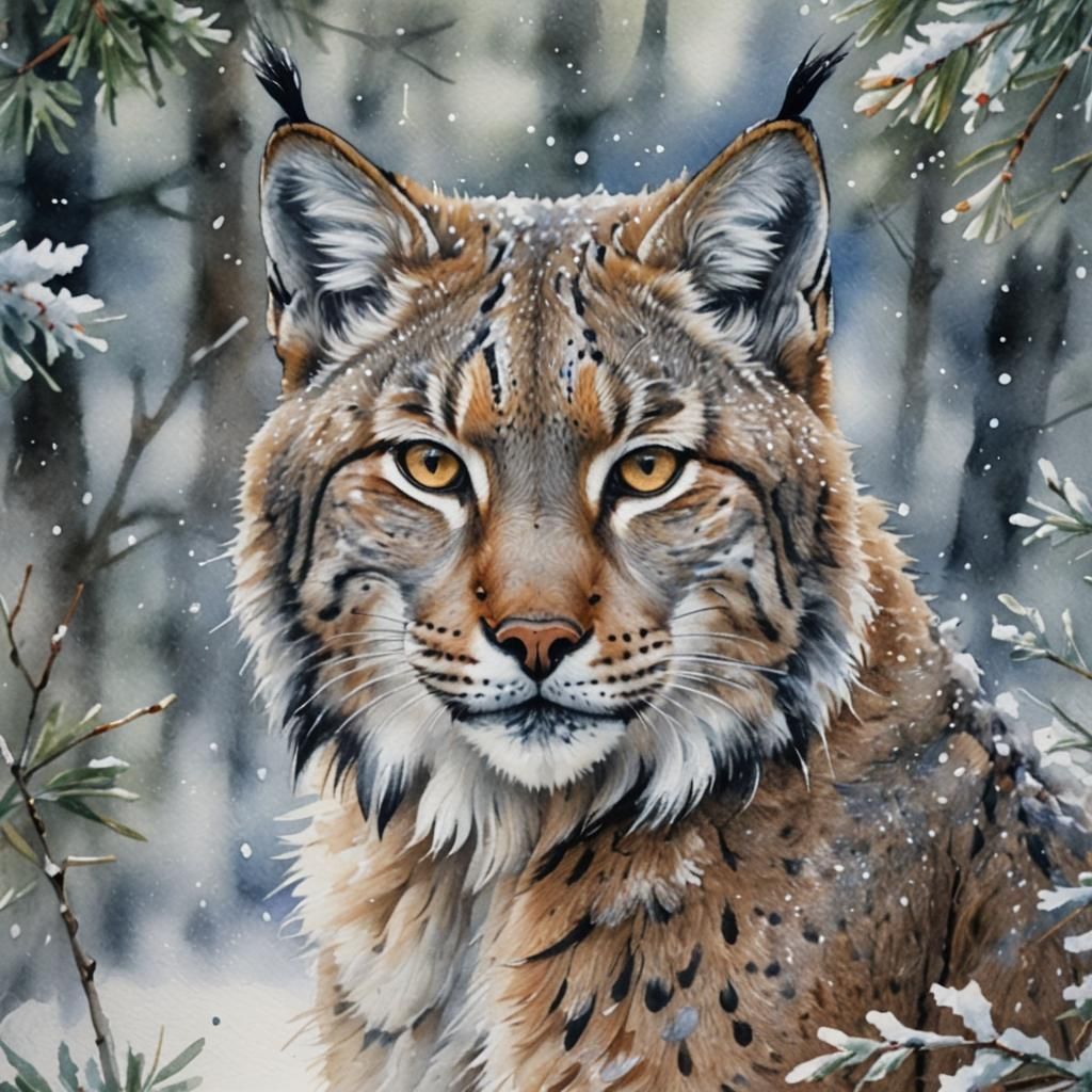 Lynx Face in Snowy Forest: Watercolor Close-Up