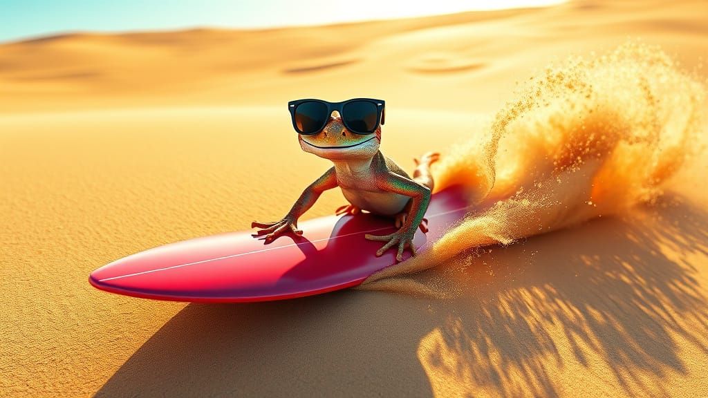 Vibrant Gecko Surfs Majestic Desert Wave in Hyperrealistic S...