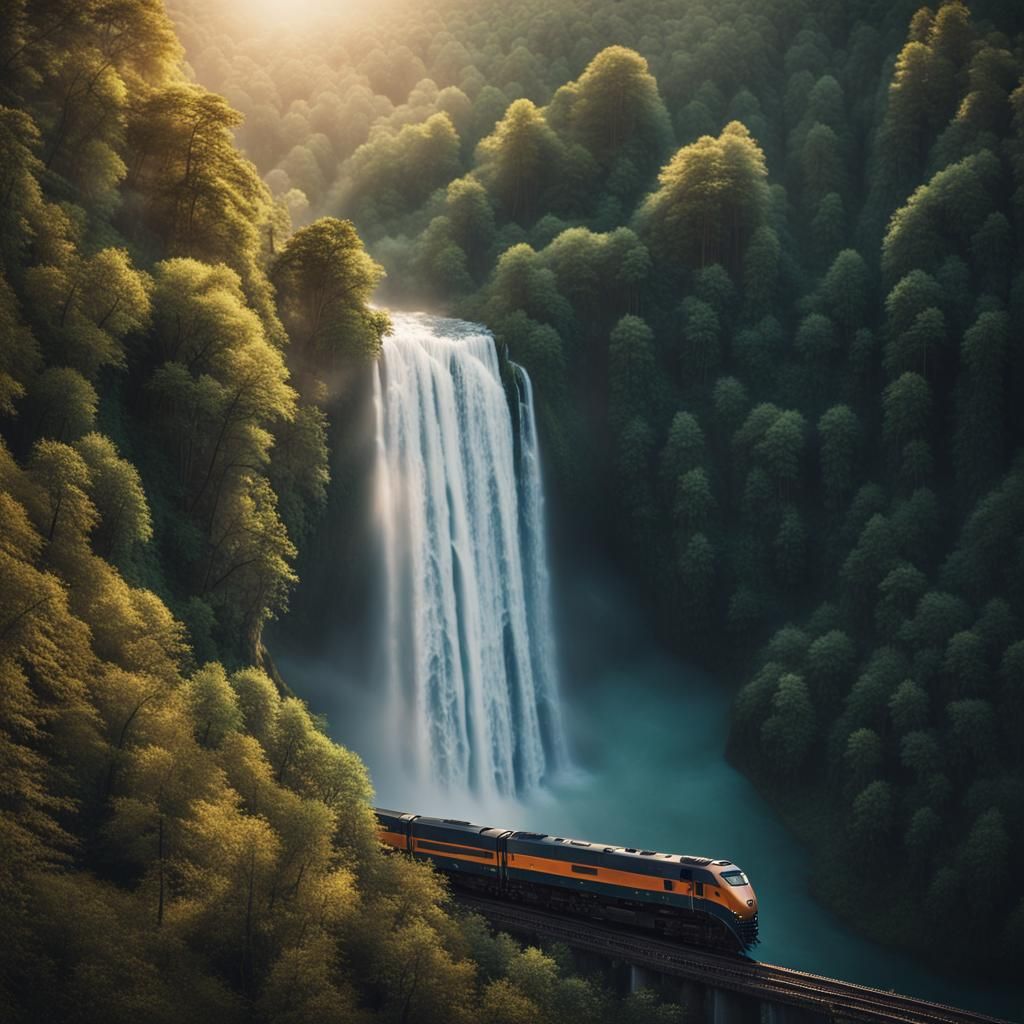 Train Rides Through Waterfall in Lush Forest