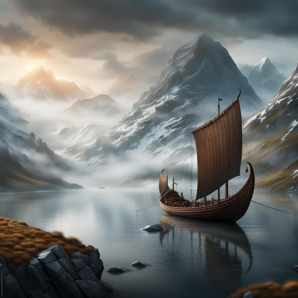 Viking Boat in Fjord: Cinematic Digital Painting