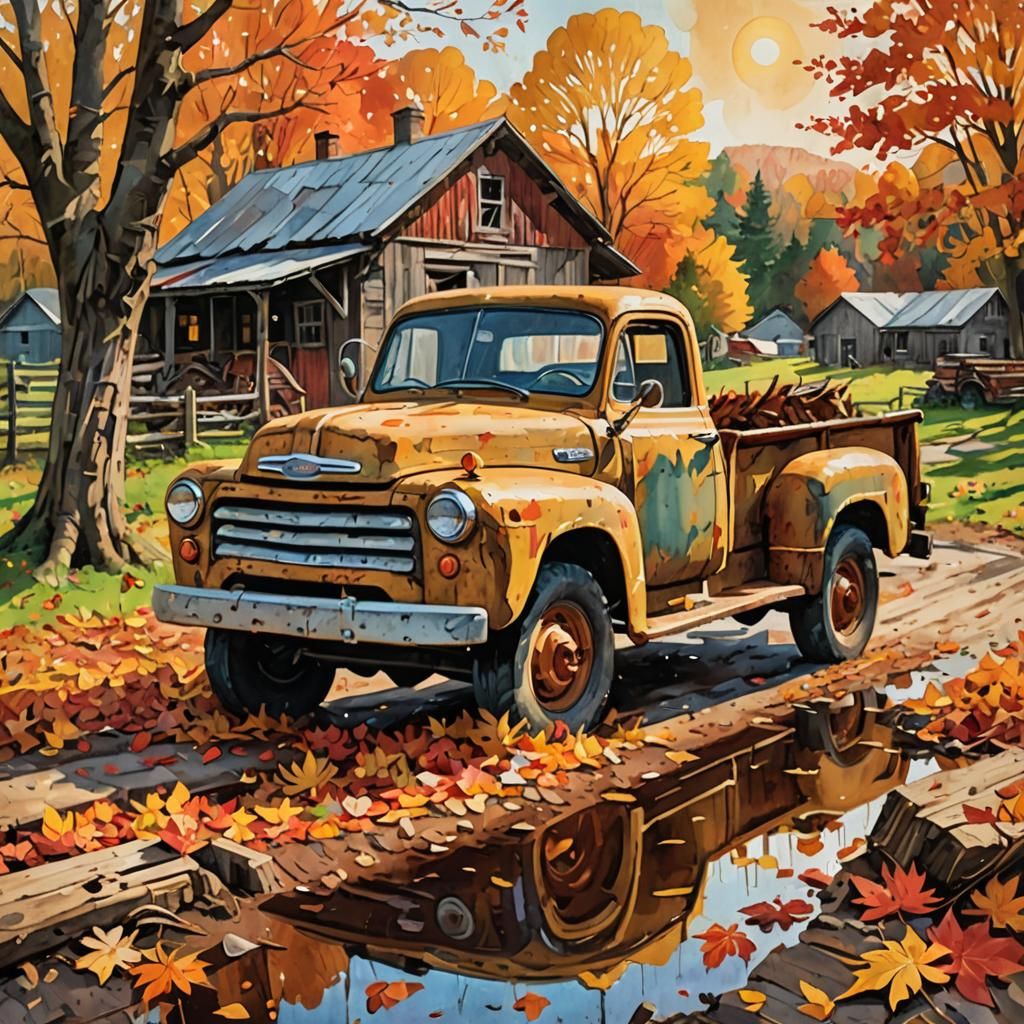 Vermont Farmyard in Autumn, Gouache Impressionist Style