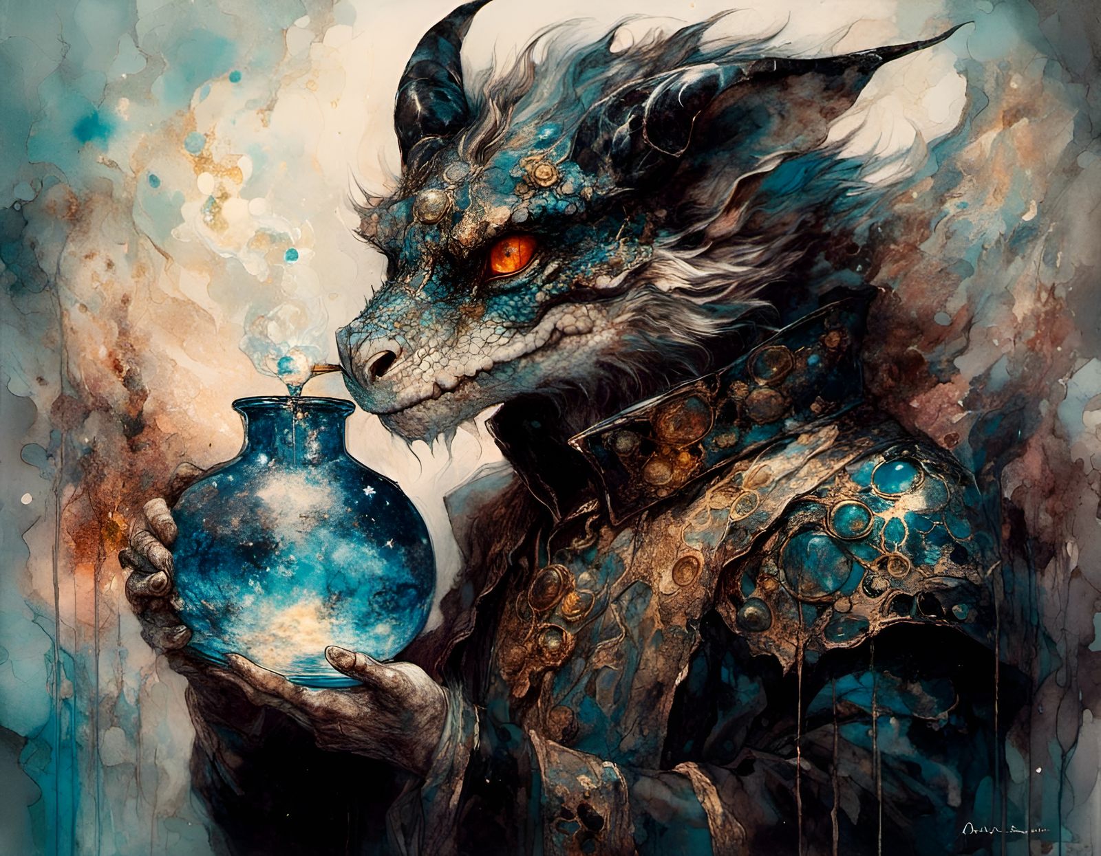 Anime Dragonborn Alchemist with Starry Sky