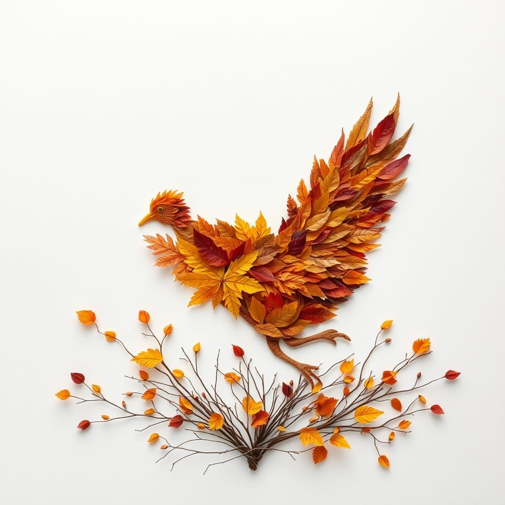 Autumn Leaves Form Ruffled Grouse in Flight