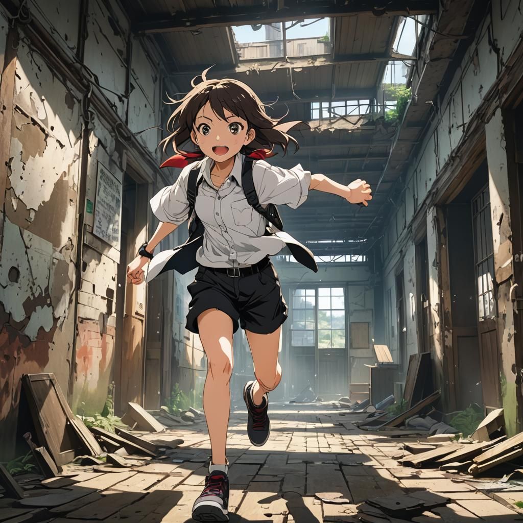 Anime Girl Running in Abandoned Building, Manga Style