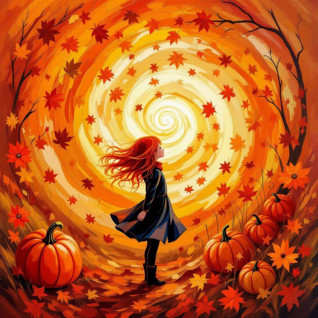 Girl in Orange Wind with Autumn Elements Oil Painting