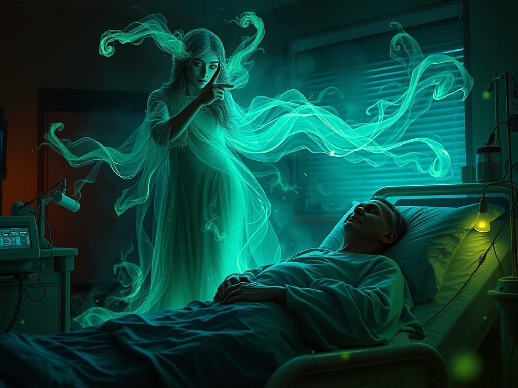 Ethereal Banshee Goddess Surveys a Dying Man in a Haunting F...
