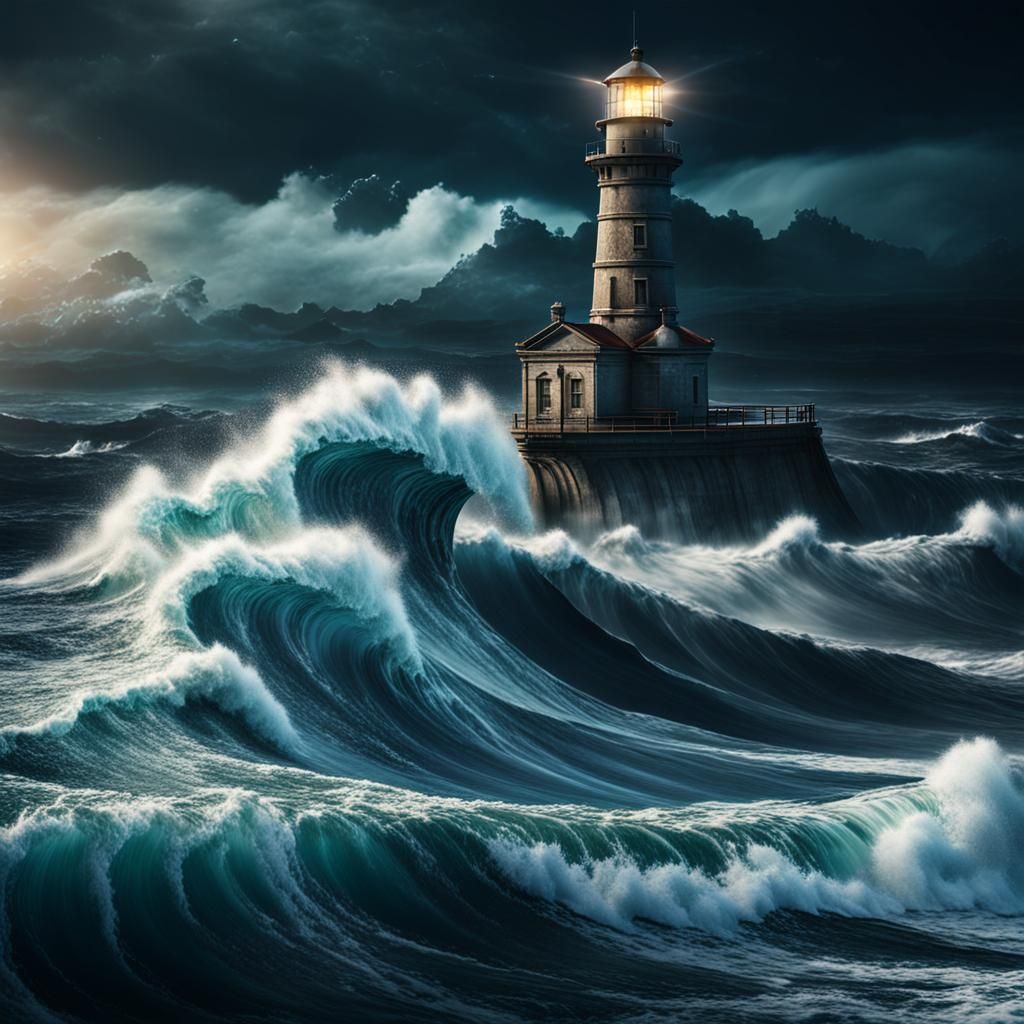 Dramatic Lighthouse in Stormy Seas Digital Painting
