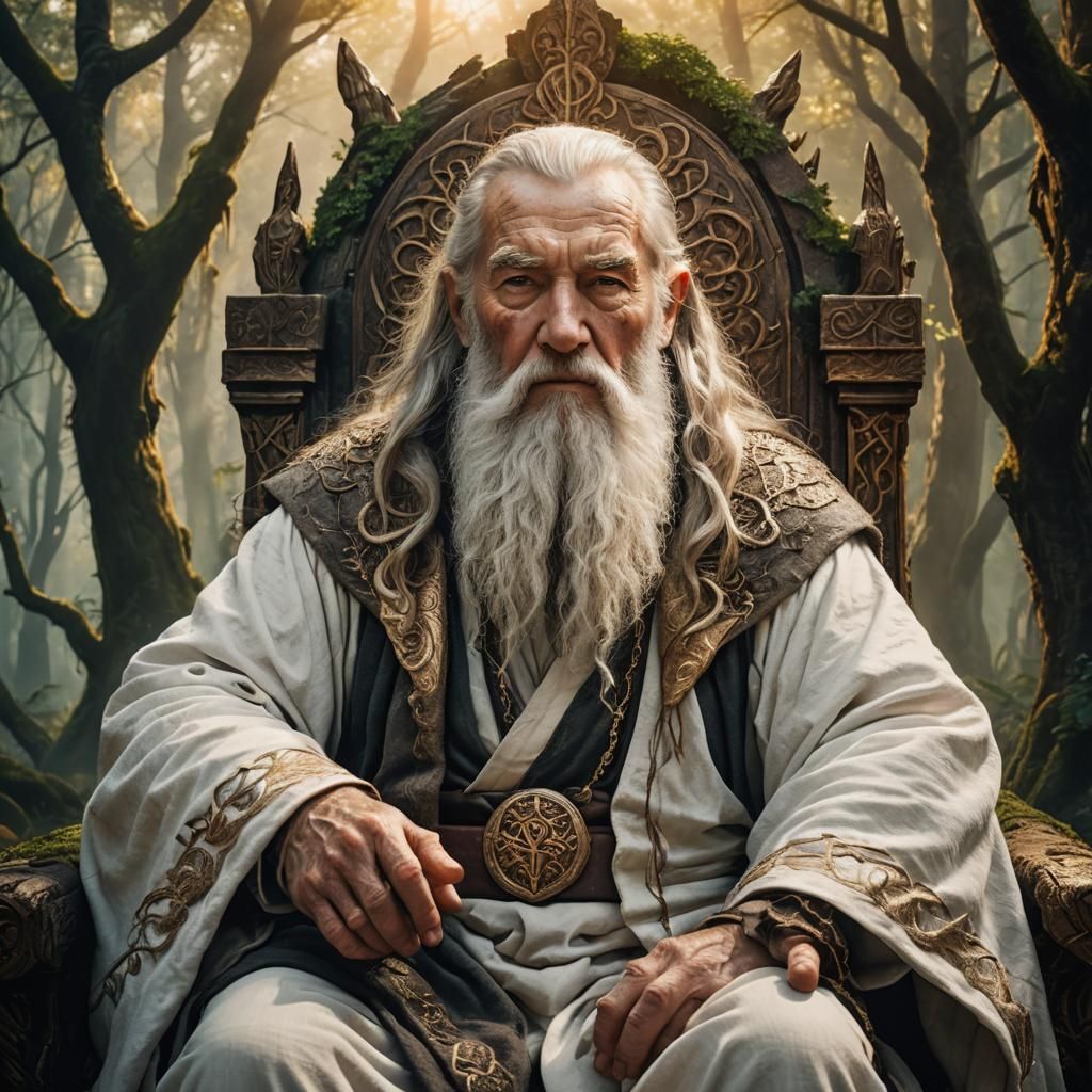 Old Man on Throne in Mystical Forest