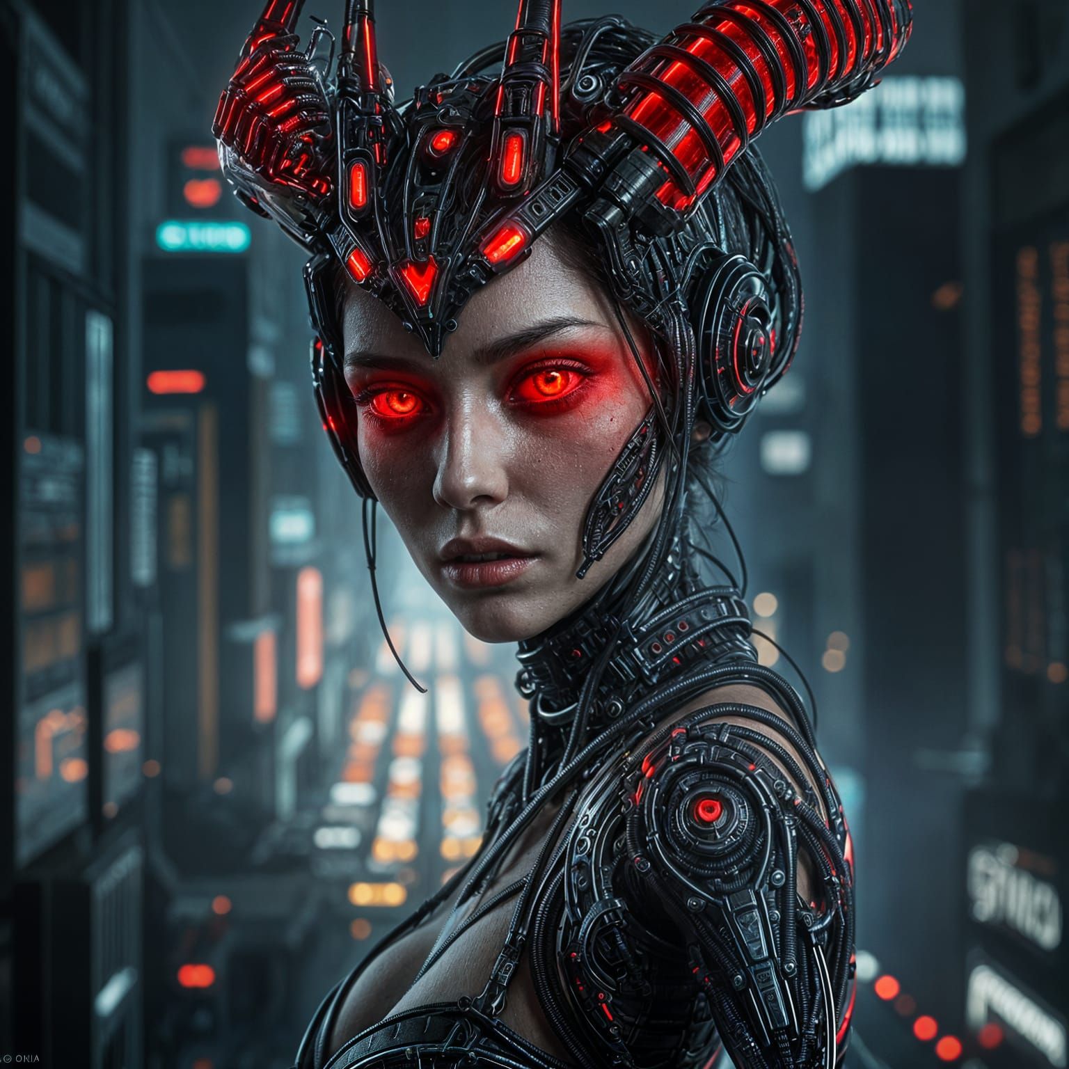 Hyperrealistic Cyborg Demon Woman in Dystopian Setting