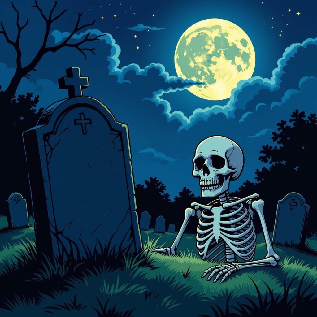 Skeleton Grins in Moonlit Graveyard Comic Art