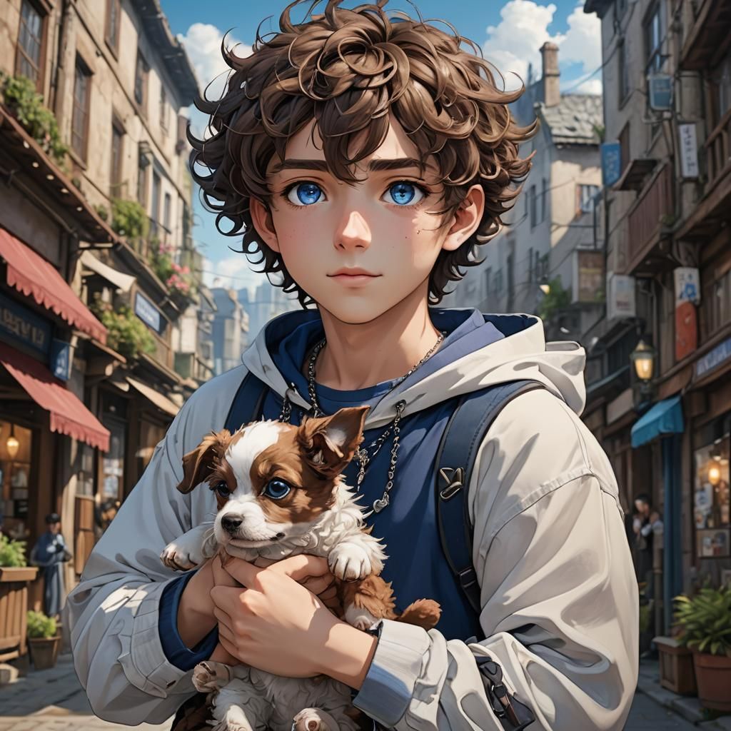 Anime Boy with Puppy: Detailed Matte Painting