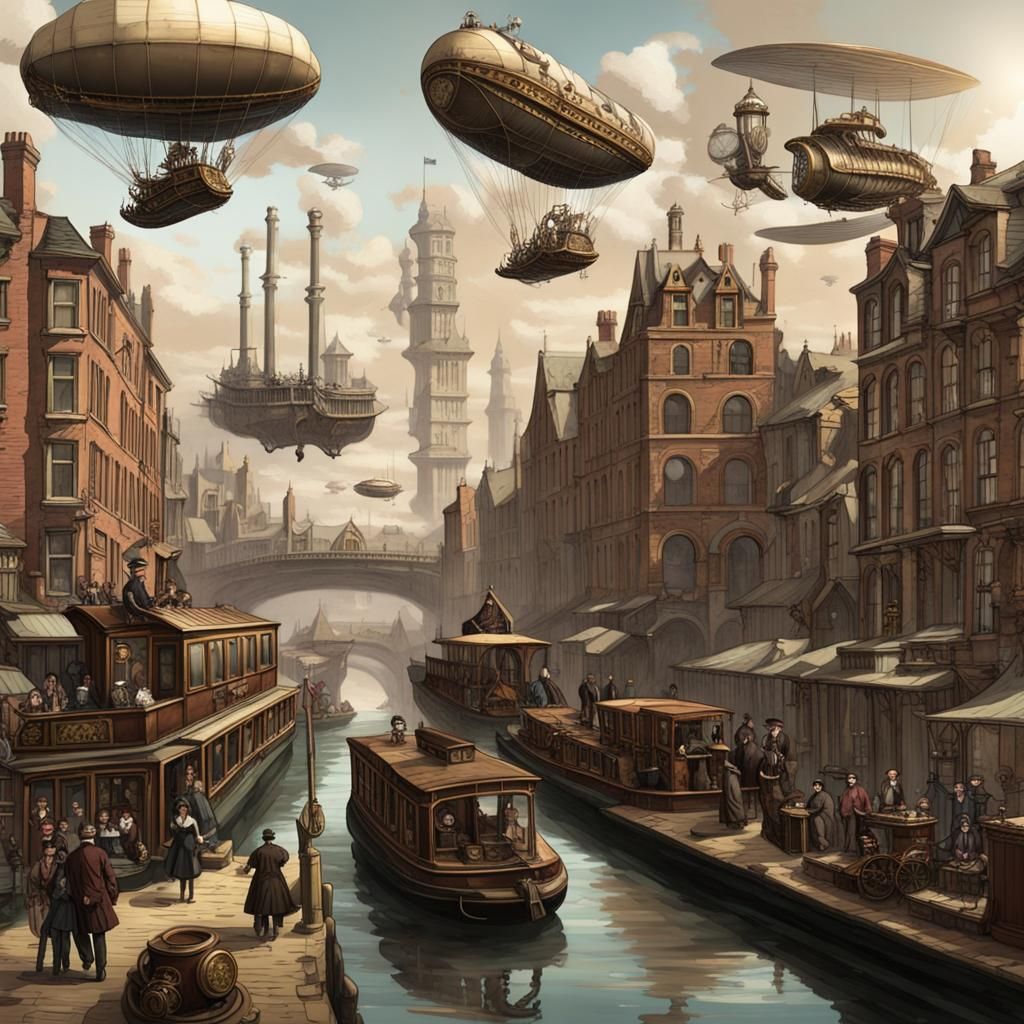 Steampunk Victorian City on Canal Banks