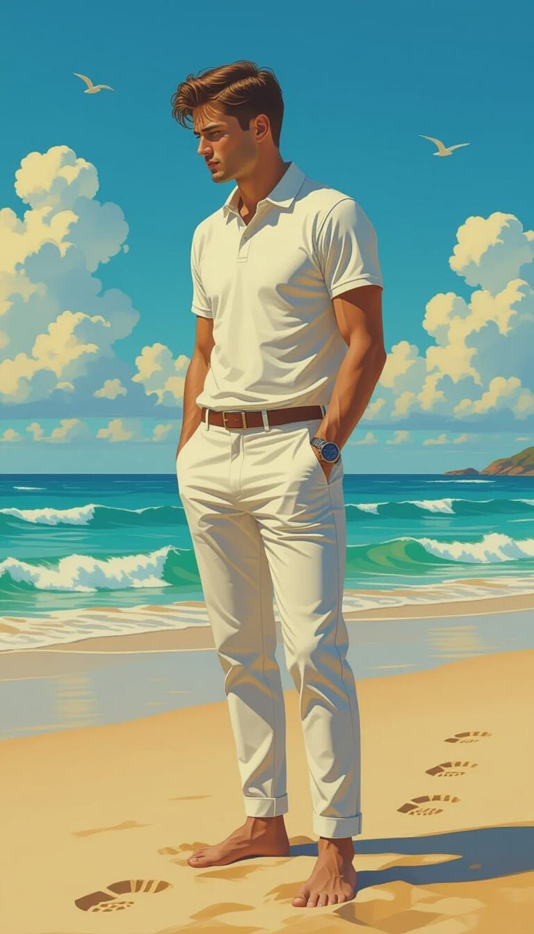 Contemplative Man on Beach in Hyperrealistic Style