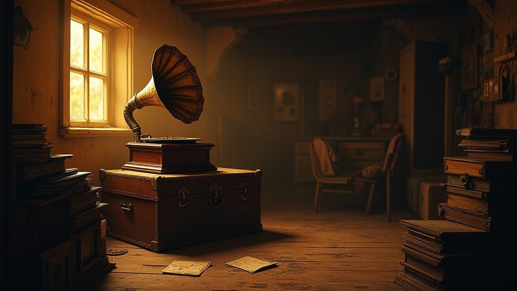 Vintage Attic Music Nook with Worn Gramophone and Vinyl Reco...