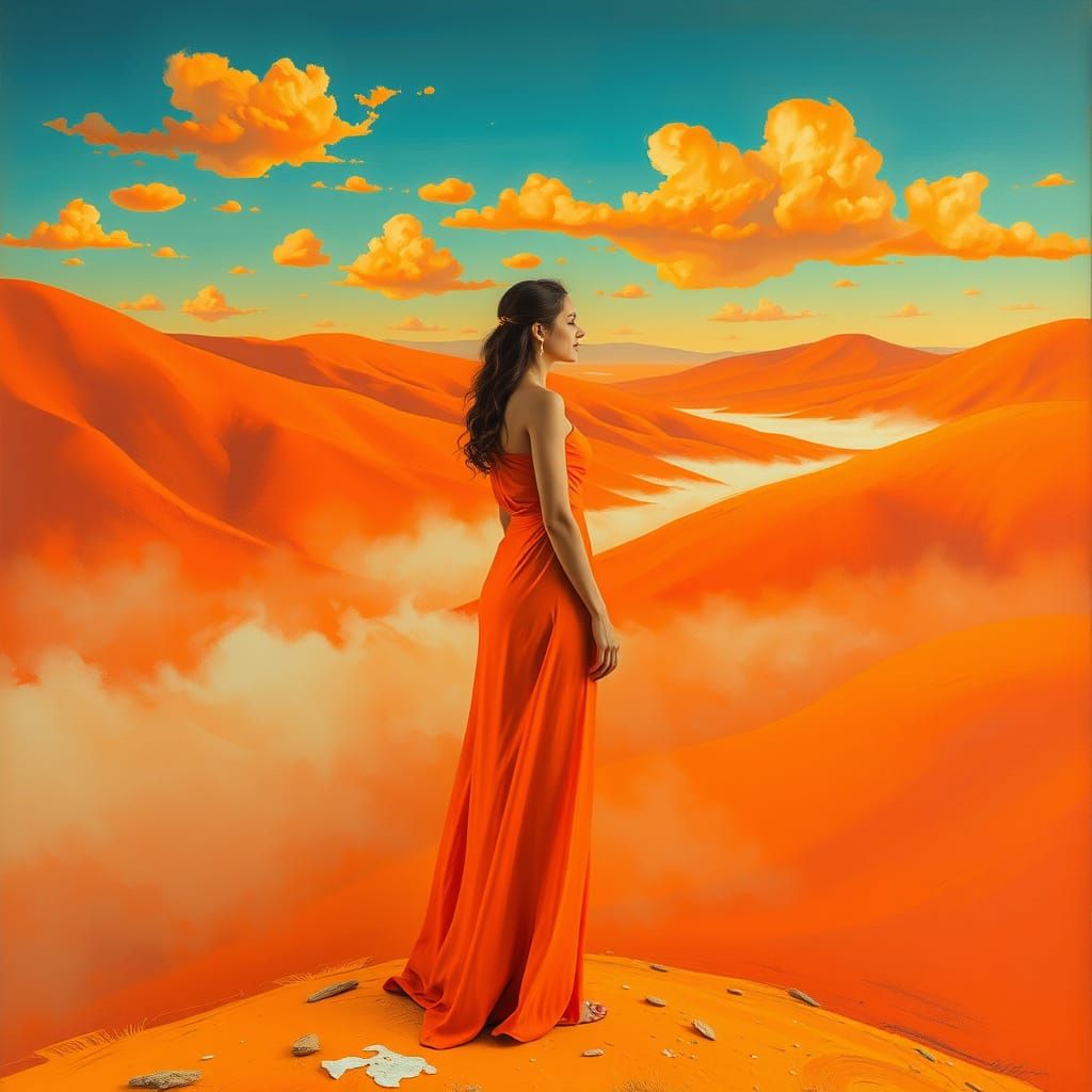 Surreal Orange Landscape with Woman in Orange Attire