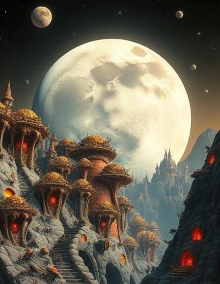 Surreal Moonscape with Insect Cities in Van Gogh Style