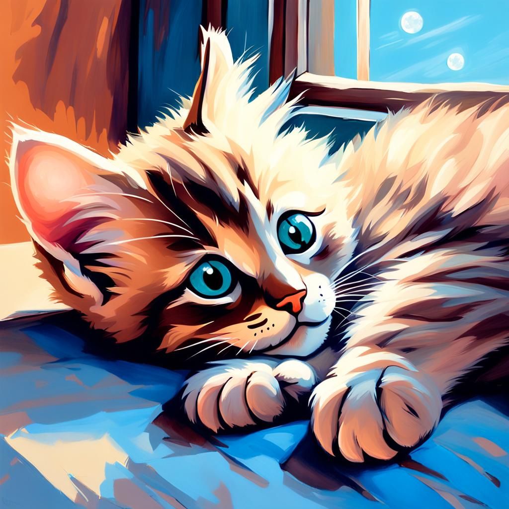 Cozy Kitten Sleeping in Moonlight: Oil Painting