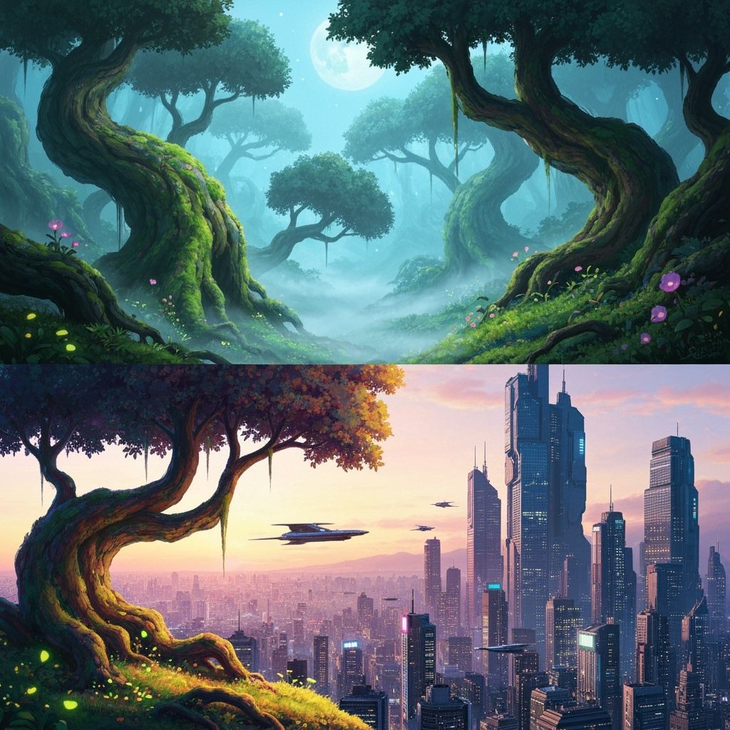 Ghibli-Inspired Forest Meets Cyberpunk Cityscape
