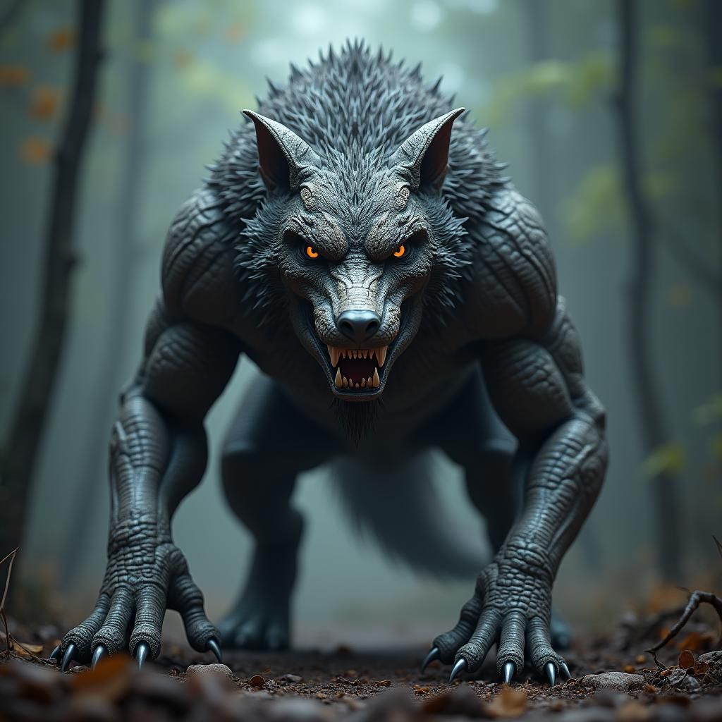 Wolf-Crocodile Hybrid in Moody Mystical Landscape