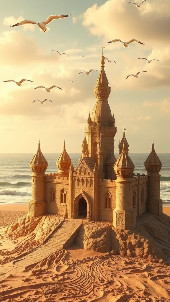Majestic Sandcastle at Ocean's Edge: Digital Art
