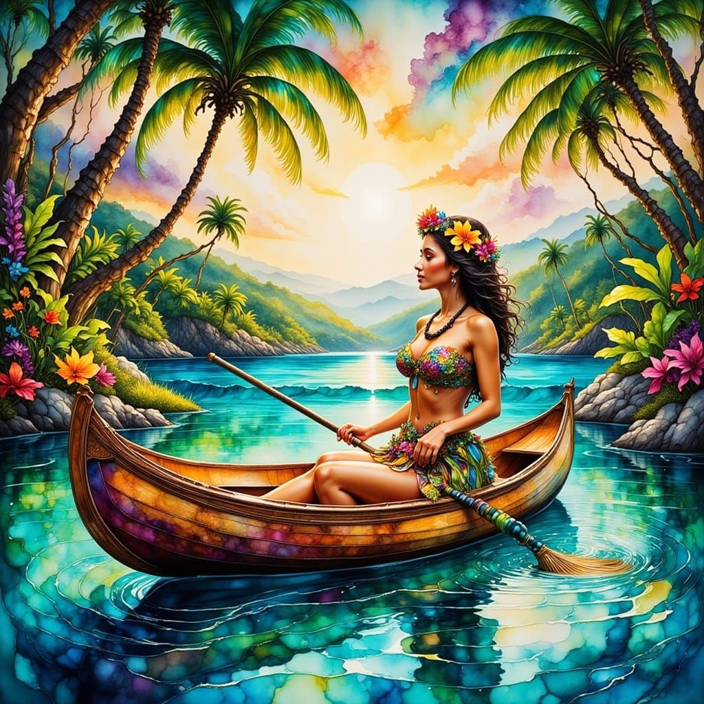 Hula Dancer in Canoe on Tropical Lagoon