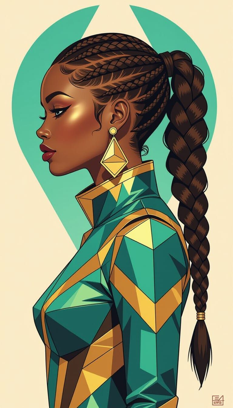 Elegant Futuristic Woman with Braids and Gold Earrings