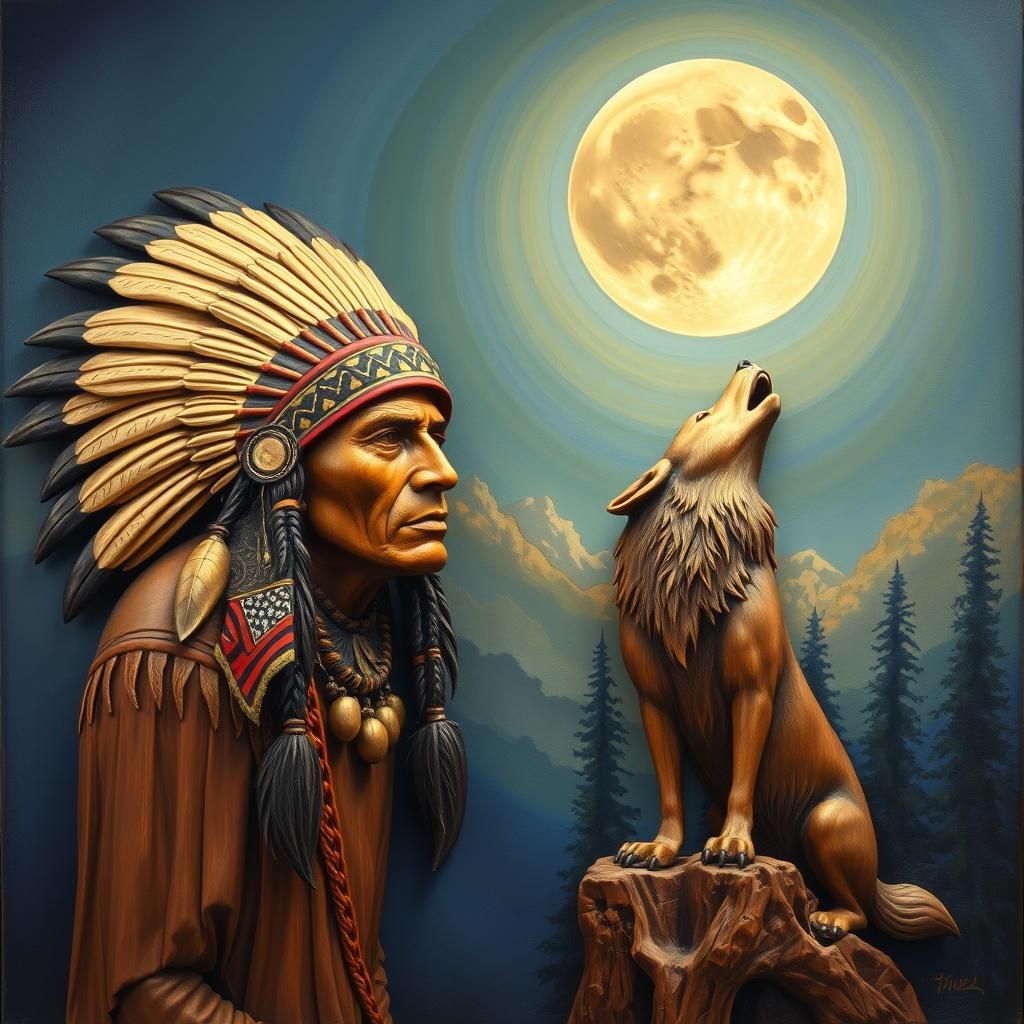 Native American and Wolf Woodcarving in Oil Painting Style