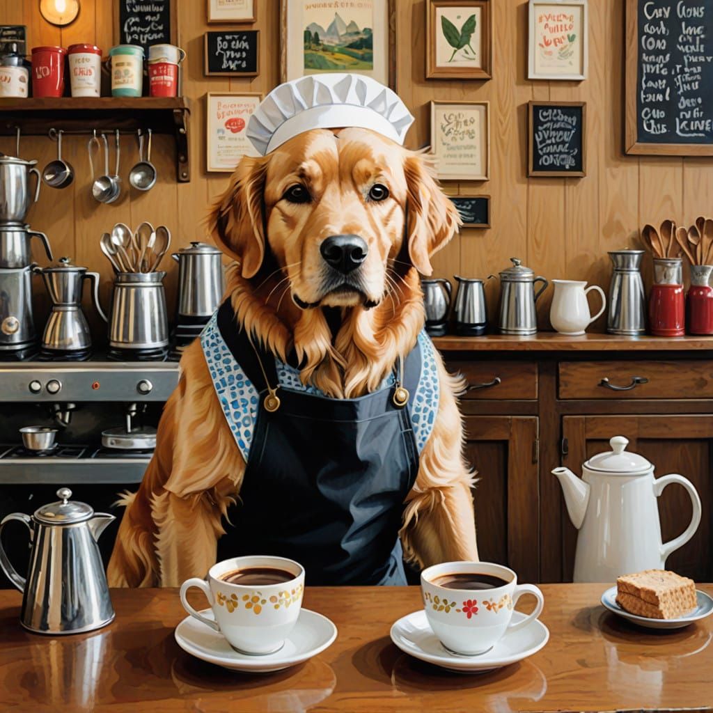 Friendly Golden Retriever Barista in Whimsical Café Setting