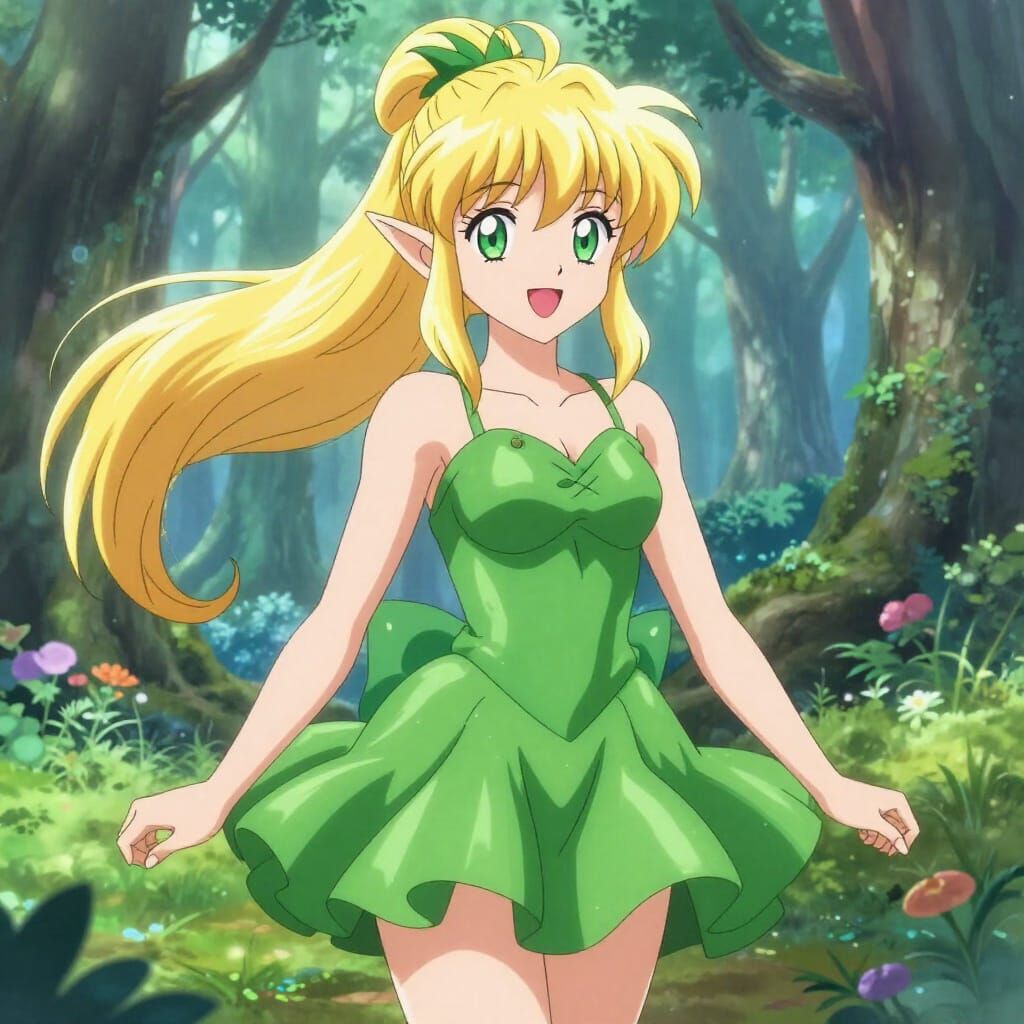 Anime Fairy with Blonde Hair and Green Dress in Magical Fore...